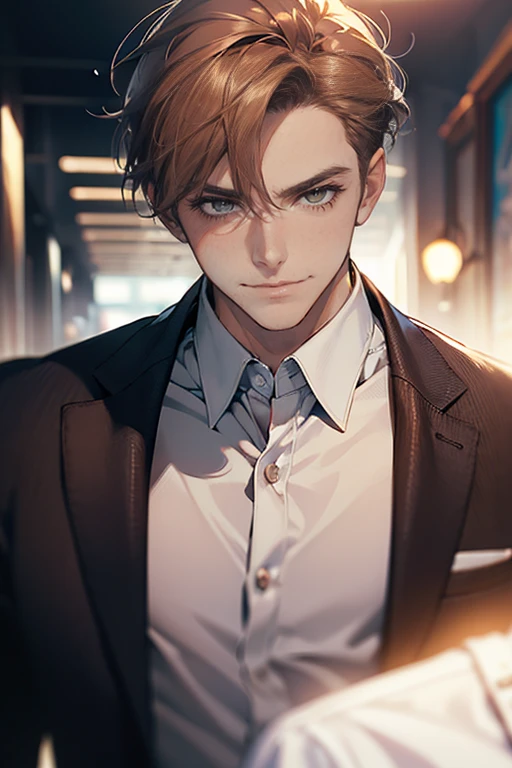 (tmasterpiece, high resolution, ultra - detailed:1.0), (1 male, masculine face, 31 years, CEO), Perfect male body, tall and strong, Adult male, Delicate eyes and delicate face, Extremely detailed CG, Unity 8k wallpaper, Complicated details, Detailed face, (short brown hair, short hair, smile in love faces, blur eyes, white shirts,), (frown, smile in love:1.3), stad in corporativo, empresa, escritório style, color difference, Depth of field, dramatic shadow, Ray tracing, Best quality, Cinematic lighting, offcial art,Portrait