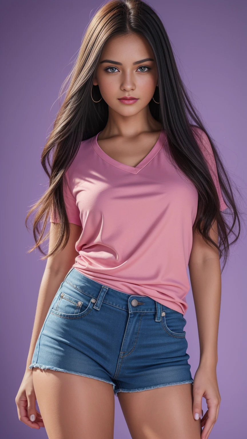 Beautiful realistic girl with blue long hair... ,..... ,Close-up of clean skin with detail ,full length,in short red and black mini shorts and a pink blouse,on a purple background,high quality 8k, high quality с высоким разрешением, Rich colors, Soft light, Super detailed photos. high quality, 8k Ultra HD, High Definition, Noise suppression, яркие Rich colors.. high quality, 8k Ultra HD, High Definition,