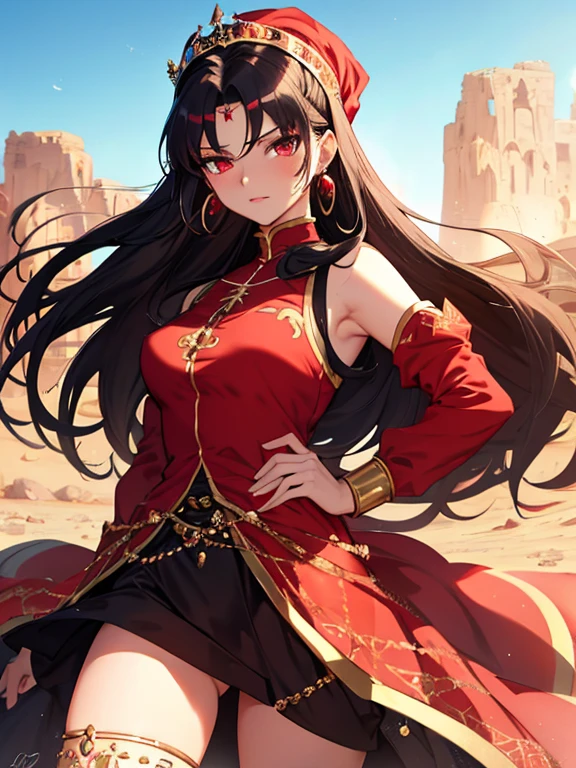 desert, Queen, princess, turbaned, gem, Earrings, Queen,  (masterpiece), highest quality, Tohsaka Rin, 1girl, uhd, retina, masterpiece, ccurate, anatomically correct, textured skin, super detail, high details, high quality, best quality, highres, 4K