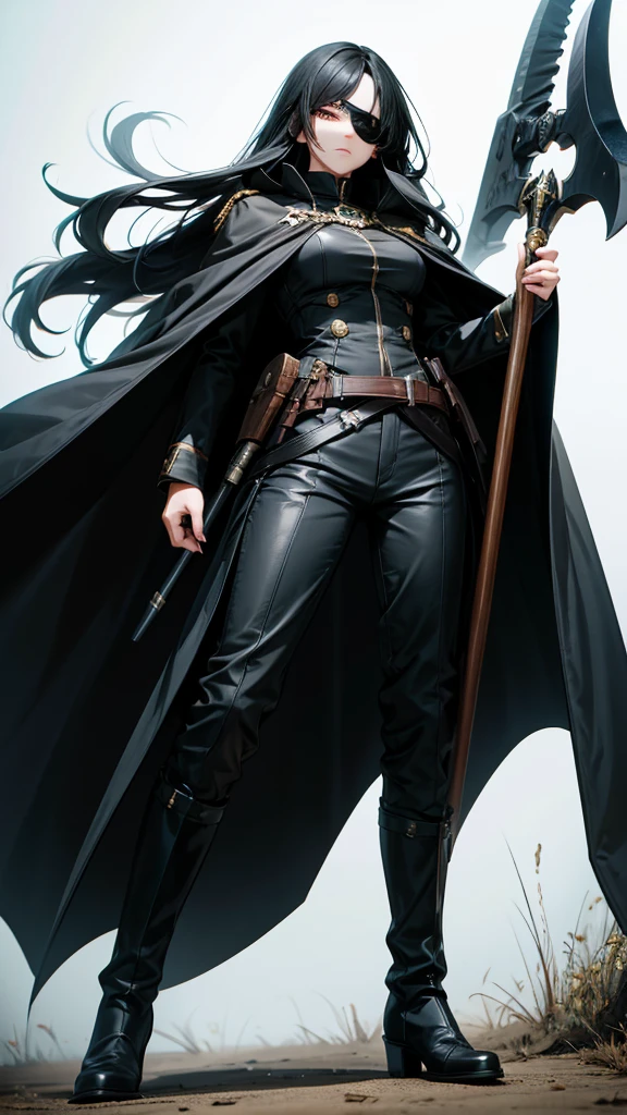 One-eyed adult woman with long black hair，Black cape，，trousers，boots，Greataxe，army battlefield