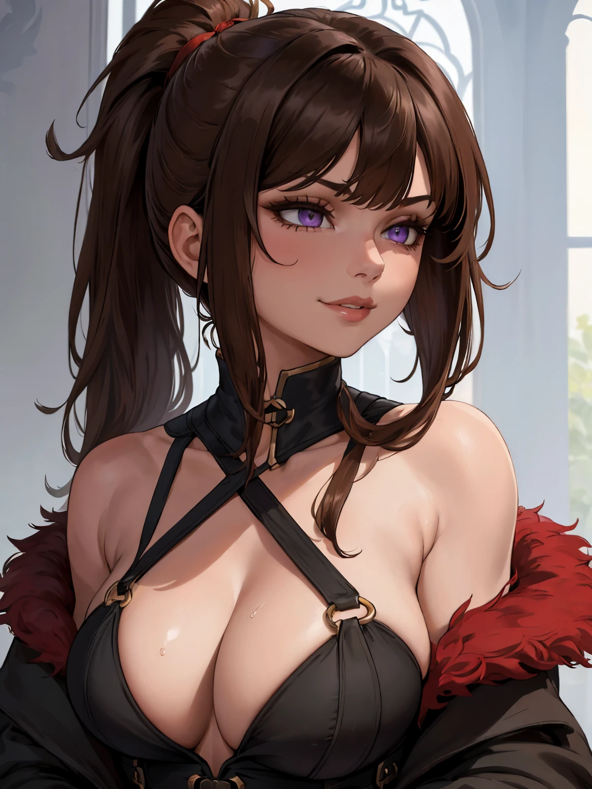 ((masterpiece)), ((best quality)), 1girl, adult, long hair, big bust, ((brown hair)), ((intimidant look)), ((close-up)), profile image, black and red clothes, sexy, dark colors, ((coat with fur)), ((wavy hair)), exposed skin, ((sexy pose)), good anatomy, ((dark sage clothes)), ((straight cut bangs)), emotionless, intimidant, ((beautiful eyes)), castle background, close up, ((detailed eyes)), ((detailed face)), hair bang, frontal look, relaxed, smile, queen, ponytail, violet eyes, repair dress