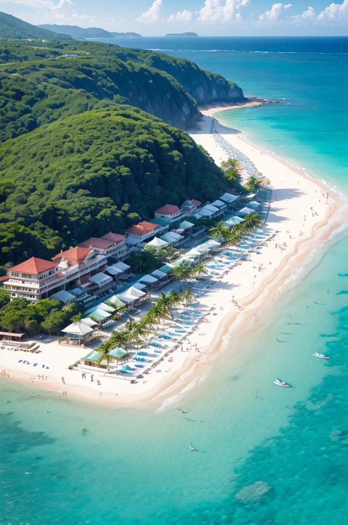 Beach full of people and umbrellas with crystal clear water