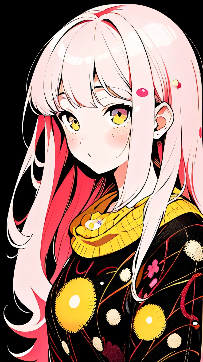 (masterpiece, best quality:1.2),illustration art,Kusama Yayoi's style,Kawaii design, simple background,The most beautiful girl of all time,Skin detail processing,The eyes are very detailed,sweater,(((Speckled pattern))) , black and white style