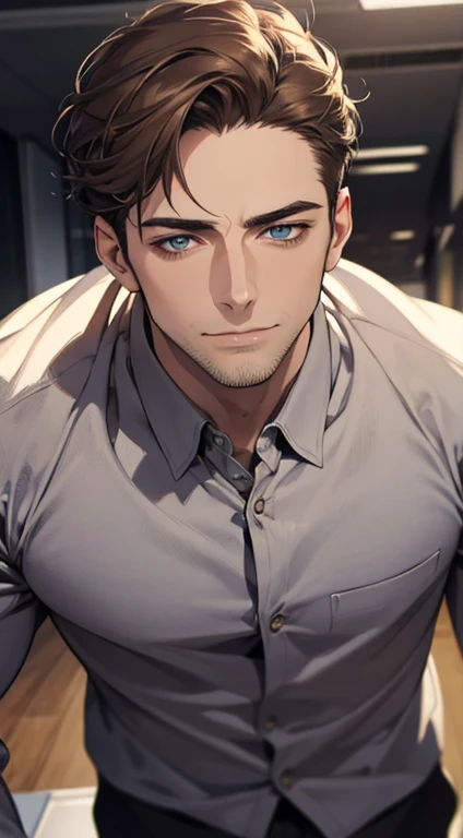 (best quality,4k,8k,highres,masterpiece:1.2),ultra-detailed,(realistic,photorealistic,photo-realistic:1.37),1 man,31 years old,mature man,very handsome,without expression,smile,short grey brown hair,blue eyes,penetrating gaze,perfect face without errors,imposing posture,businessman,office background,cinematic lighting,hdr image