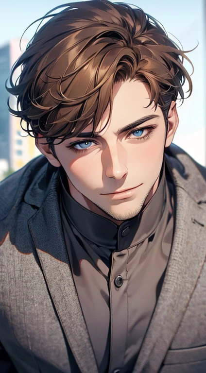 (best quality,4k,8k,highres,masterpiece:1.2),ultra-detailed,(realistic,photorealistic,photo-realistic:1.37),1 man,31 years old,mature man,very handsome,without expression,smile,short grey brown hair,blue eyes,penetrating gaze,perfect face without errors,imposing posture,businessman,office background,cinematic lighting,hdr image