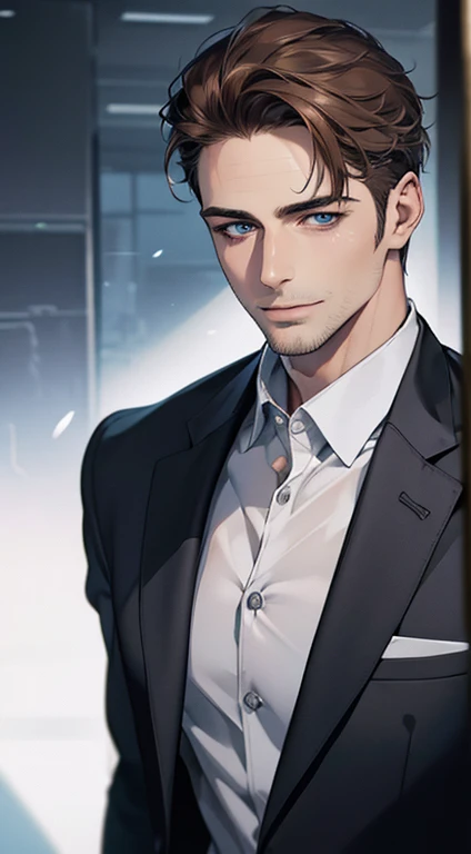 (best quality,4k,8k,highres,masterpiece:1.2),ultra-detailed,(realistic,photorealistic,photo-realistic:1.37),1 man,31 years old,mature man,very handsome,without expression,smile,short grey brown hair,blue eyes,penetrating gaze,perfect face without errors,imposing posture,businessman,office background,cinematic lighting,hdr image