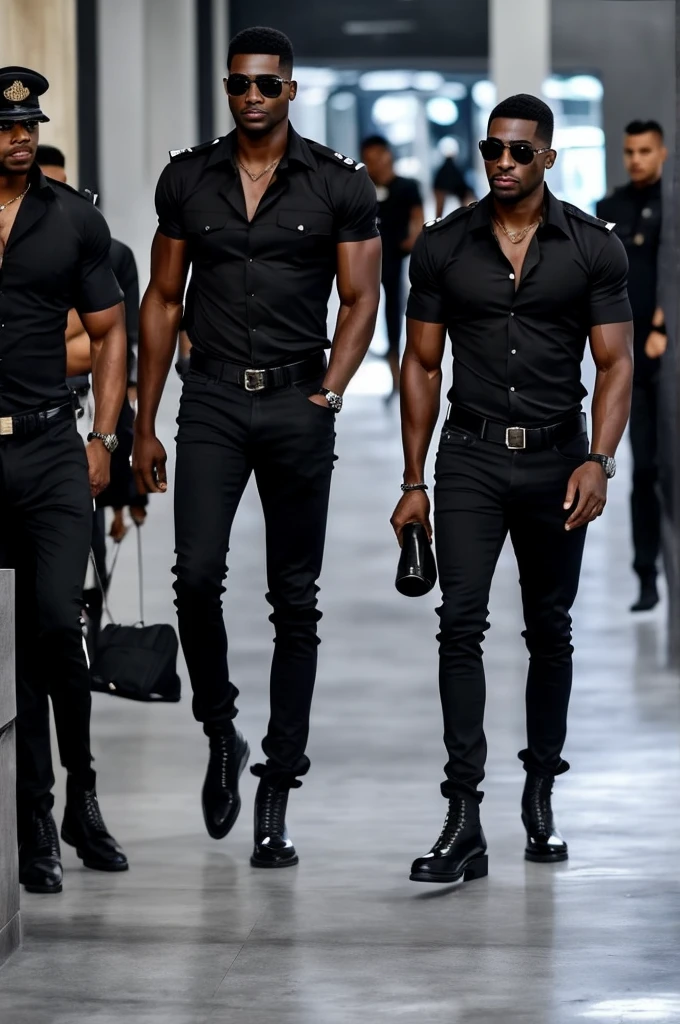 he stands up, and walks authoritatively with a black bottle of water in his hand carelessly~ with a serious countenance~ tall with an entirely black outfit. A black shirt, softly marking his muscles and broad shoulders; a black jeans, and a black military boots