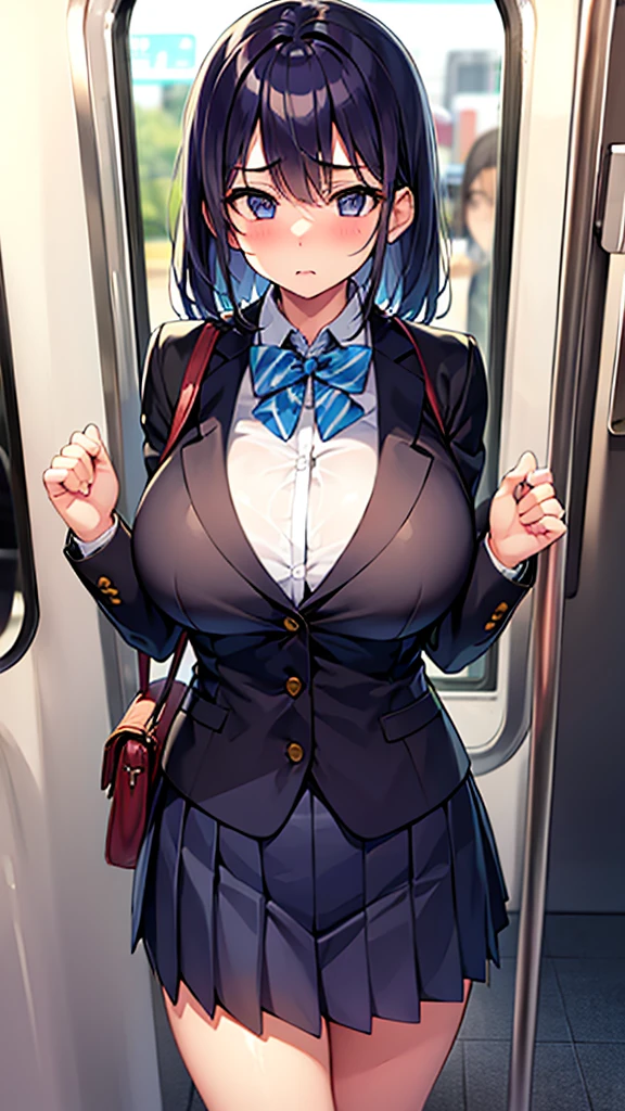 1 Girl, Big Breasts, diaphragm, internal, Crowded train, Are standing, Cowboy Shot, ((School_uniform)), Troubled face