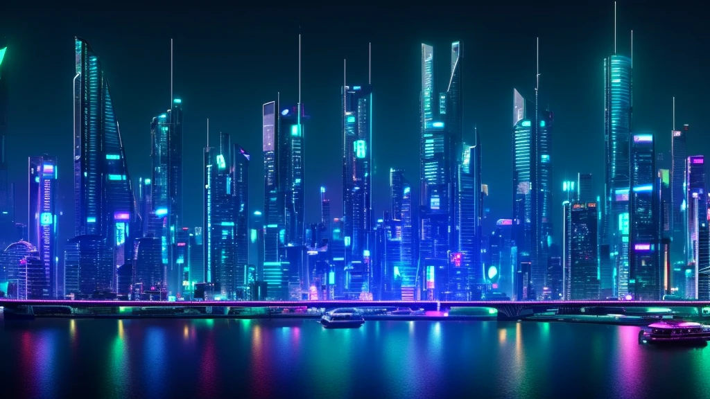 "Futuristic megacity skyline at night, with neon lights, flying cars, and towering skyscrapers. Cyberpunk style."