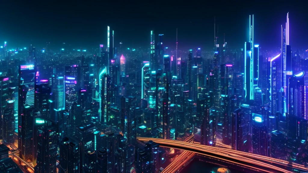 "Futuristic megacity skyline at night, with neon lights, flying cars, and towering skyscrapers. Cyberpunk style."