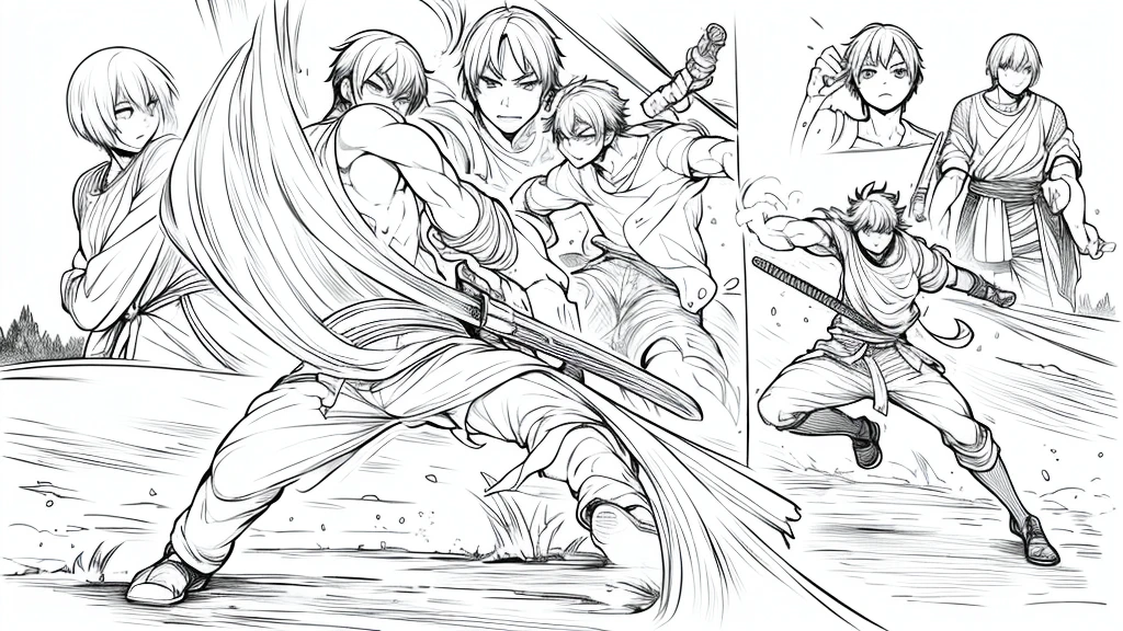 sequence of 4 professional drawings with a manga type line art combat:
characters:
Chico:
Appearance: dressed in loose pants and a plain short-sleeved t-shirt Fighting style: [Describe the boy&#39;s fighting style: agile and fast..]
Muscle man:
Appearance: dressed in knee-length shorts and bare-chested with almost long hair Fighting style: with a strong and forceful sword.]
weapon: Large, detailed greatsword.
scenery:

on an open dirt road in the woods Combat sequence:
the boy dodges a blow from the greatsword and counterattacks with a kick.]