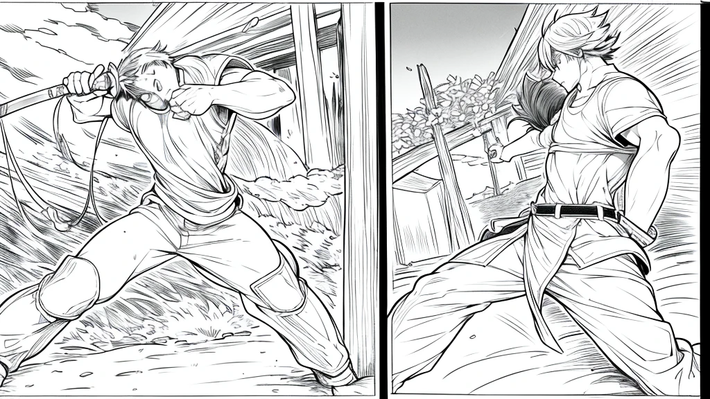 sequence of 4 professional drawings with a manga type line art combat:
characters:
Chico:
Appearance: dressed in loose pants and a plain short-sleeved t-shirt Fighting style: [Describe the boy&#39;s fighting style: agile and fast..]
Muscle man:
Appearance: dressed in knee-length shorts and bare-chested with almost long hair Fighting style: with a strong and forceful sword.]
weapon: Large, detailed greatsword.
scenery:

on an open dirt road in the woods Combat sequence:
the boy dodges a blow from the greatsword and counterattacks with a kick.]