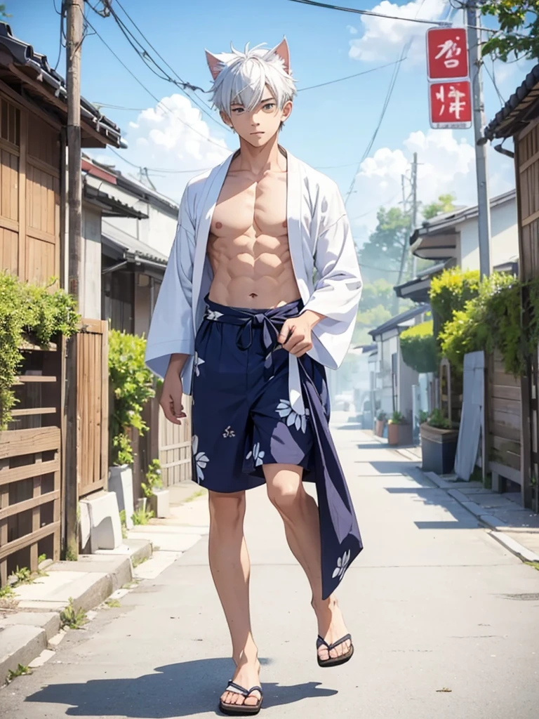 15 year old boy with white fur cat tail and ears walking with an open yukata on his muscular chest