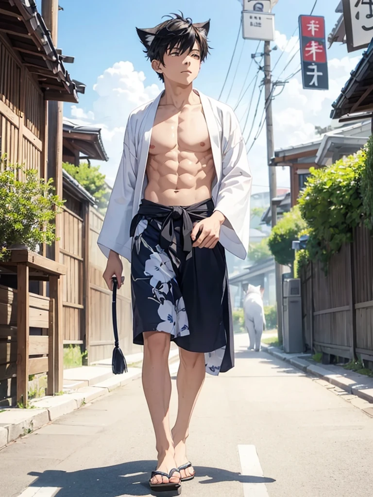 15 year old boy with white fur cat tail and ears walking with an open yukata on his muscular chest