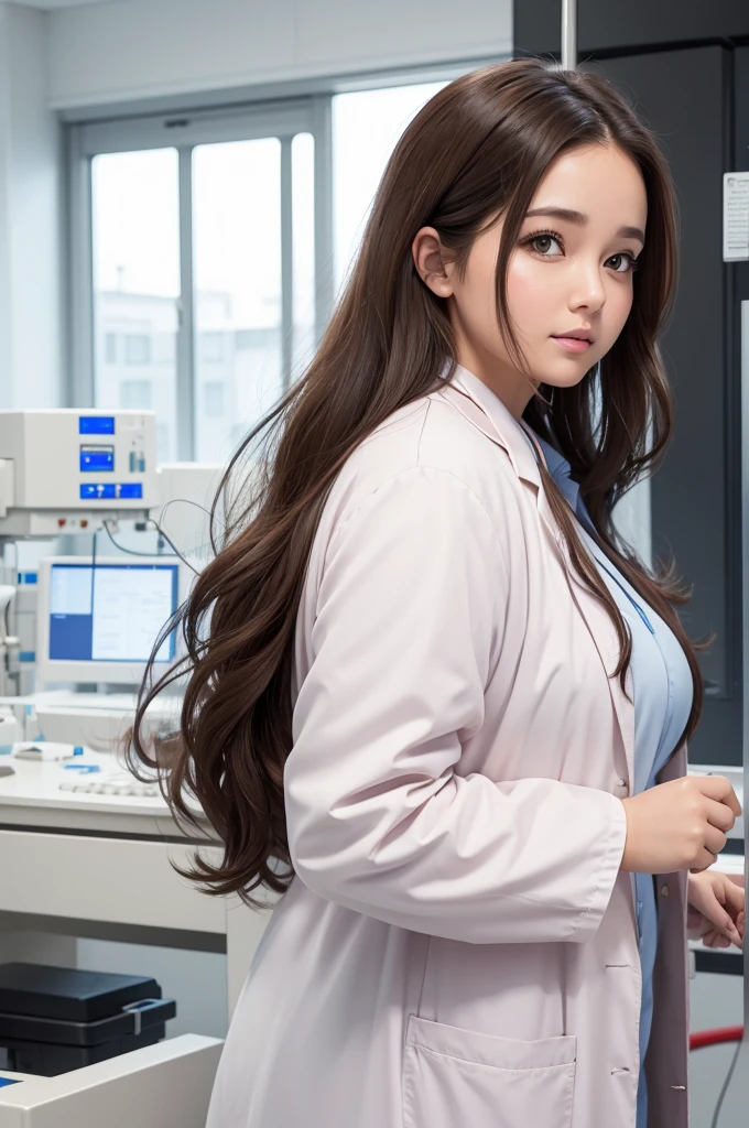 Drawing of a chubby woman, long brown hair, wearing a labcoat. In a hospital clinical analysis laboratory 