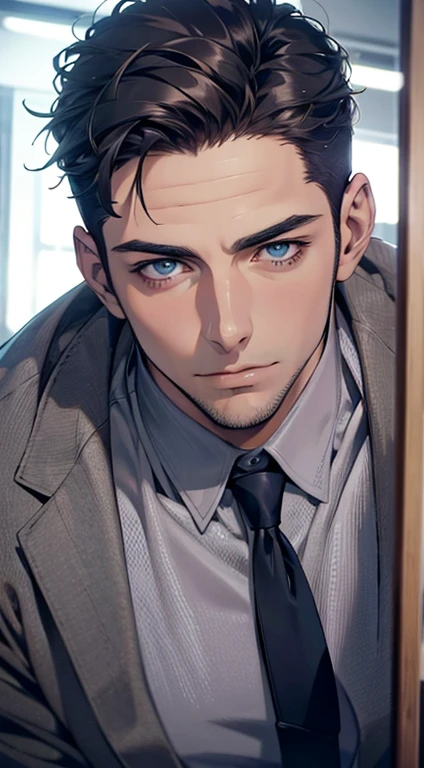 (best quality,4k,8k,highres,masterpiece:1.2),ultra-detailed,(realistic,photorealistic,photo-realistic:1.37),1 man,31 years old,mature man,very handsome,without expression,smile,short grey black hair,blue eyes,penetrating gaze,perfect face without errors,imposing posture,businessman,office background,cinematic lighting,hdr image