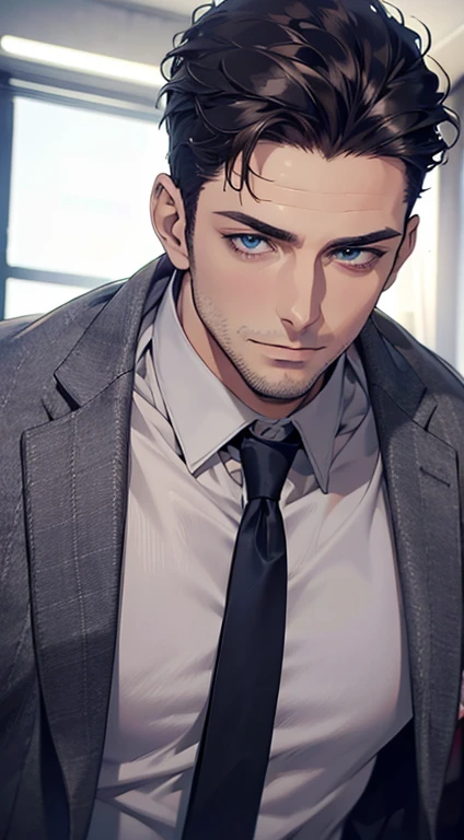 (best quality,4k,8k,highres,masterpiece:1.2),ultra-detailed,(realistic,photorealistic,photo-realistic:1.37),1 man,31 years old,mature man,very handsome,without expression,smile,short grey black hair,blue eyes,penetrating gaze,perfect face without errors,imposing posture,businessman,office background,cinematic lighting,hdr image