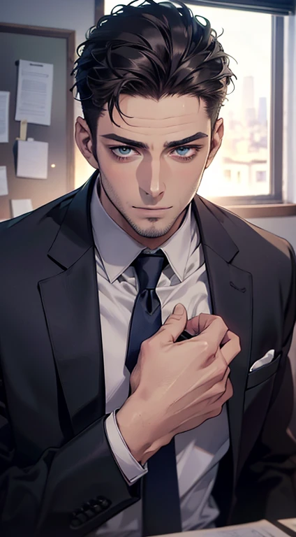 (best quality,4k,8k,highres,masterpiece:1.2),ultra-detailed,(realistic,photorealistic,photo-realistic:1.37),1 man,31 years old,mature man,very handsome,without expression,smile,short grey black hair,blue eyes,penetrating gaze,perfect face without errors,imposing posture,businessman,office background,cinematic lighting,hdr image