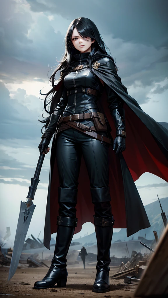 One-eyed adult woman with long black hair，Black cape，，trousers，boots，Greataxe，army battlefield