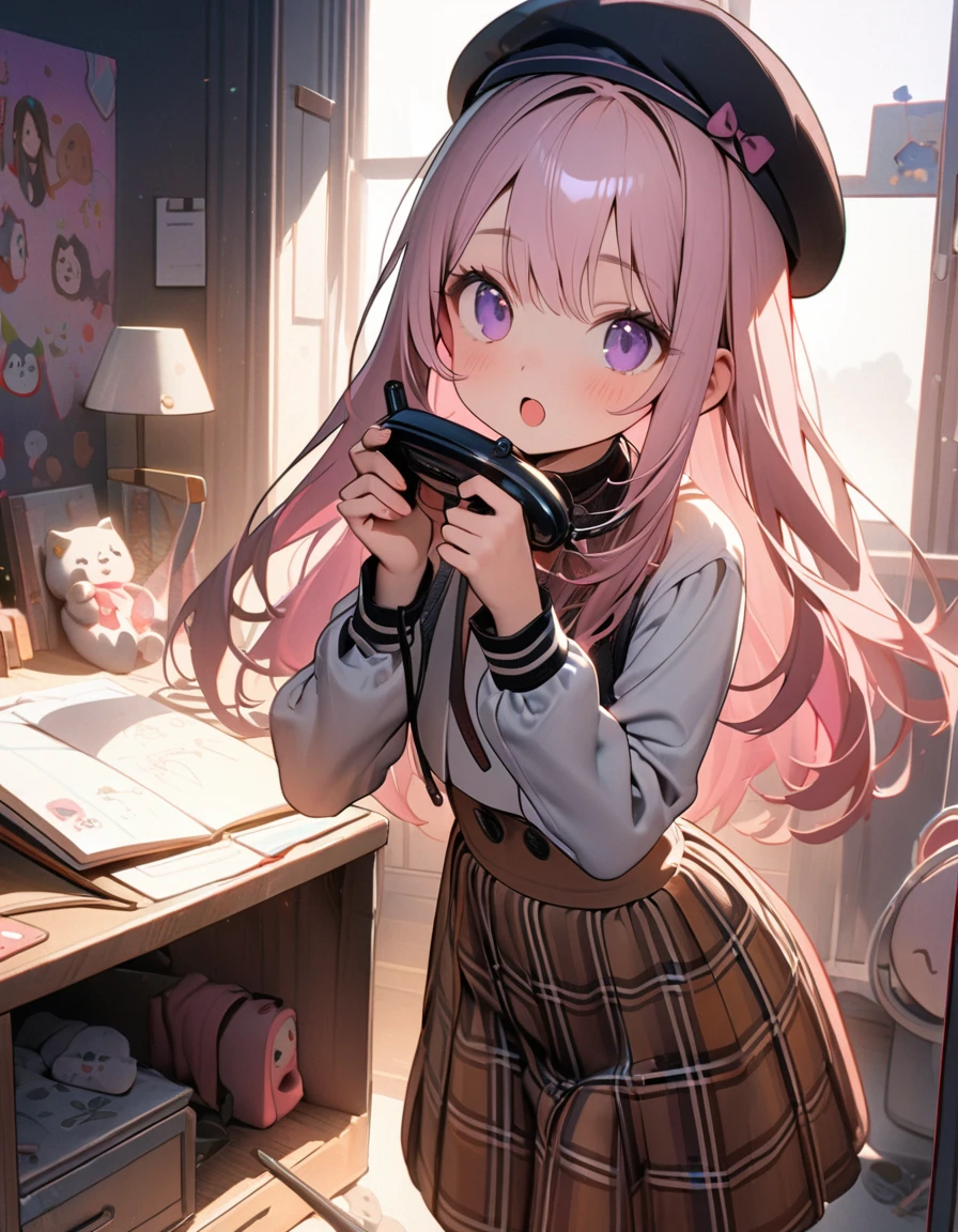 (8K, best quality, master piece: 1.2),super high resolution,1 girl,yo,solo,ultra-detailed face,deep detailed eyes,Purple eyes,Mascara,long hair,Straight hair,rose pink hair,Beret,halter top,Brown skirt in plaid skirt,The girl calling on a landline telephone in one hand and doodling on a illustrations of Notepad,the Notepad has illustrations of three cats in different positions,smile,:o,rim light,messy children's room