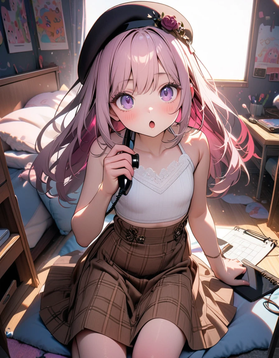 (8K, best quality, master piece: 1.2),super high resolution,1 girl,17yo,solo,ultra-detailed face,deep detailed eyes,Purple eyes,Mascara,long hair,Straight hair,rose pink hair,Beret,halter top,Brown skirt in plaid skirt,The girl calling on a landline telephone in one hand and doodling on a illustrations of Notepad,the Notepad has illustrations of three cats in different positions,smile,:o,rim light,messy children's room