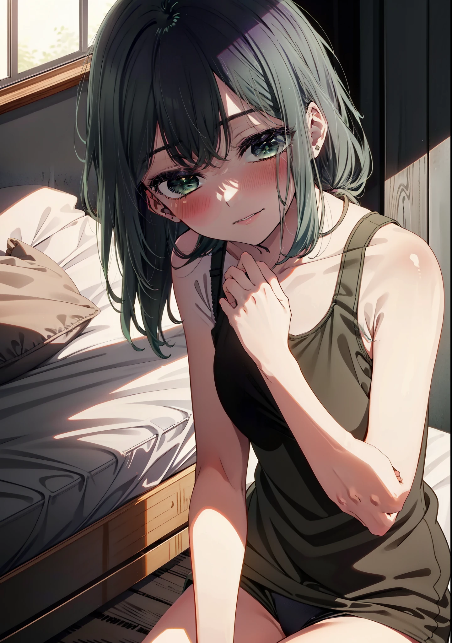 akanekurokawa, akane kurokawa, bangs, (Green Eyes:1.3), Blue Hair, Long Hair, dark Blue Hair,Black Tank Top,String Underwear,barefoot,Sitting on the bed,Sleepy eyes,smile,blush,morning,morning陽,The sun is rising,So that the whole body goes into the illustration,
break indoors, Bedroom,
break looking at viewer, (Cowboy Shot:1.5),
break (masterpiece:1.2), Highest quality, High resolution, unity 8k wallpaper, (figure:0.8), (Beautiful attention to detail:1.6), Highly detailed face, Perfect lighting, Highly detailed CG, (Perfect hands, Perfect Anatomy),