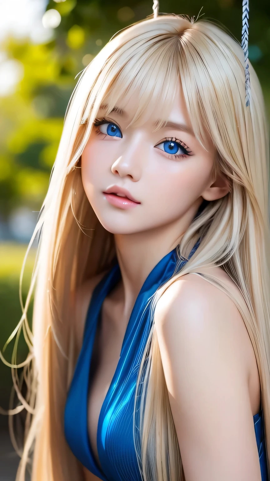 Very beautiful face、Super Long Hair、windy silky blonde super long hair、Swinging bangs、19 year old cute sexy blue eyed blonde girl、Hair above the eyes、片Hair above the eyes、Hair between the eyes、Big bright blue eyes that sparkle so beautifully、eyeliner、Bright expression、