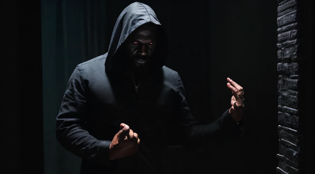 "A satanic entity is making a pact with a black man of around 45 years old. The scene is dark and shrouded in mysticism, with occult symbols and an atmosphere charged with evil energy. The man, with a serious and determined expression, extends his hand to the entity, sealing the pact. The satanic entity is an intimidating figure, shrouded in shadows and with a demonic appearance, with glowing eyes and a malevolent smile."