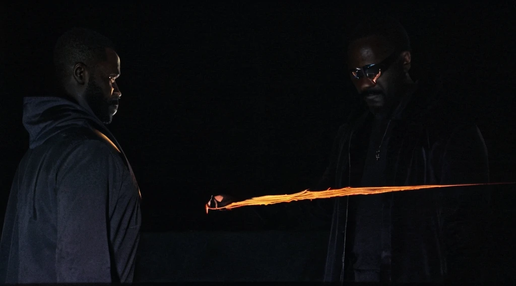 "A satanic entity is making a pact with a black man of around 45 years old. The scene is dark and shrouded in mysticism, with occult symbols and an atmosphere charged with evil energy. The man, with a serious and determined expression, extends his hand to the entity, sealing the pact. The satanic entity is an intimidating figure, shrouded in shadows and with a demonic appearance, with glowing eyes and a malevolent smile."