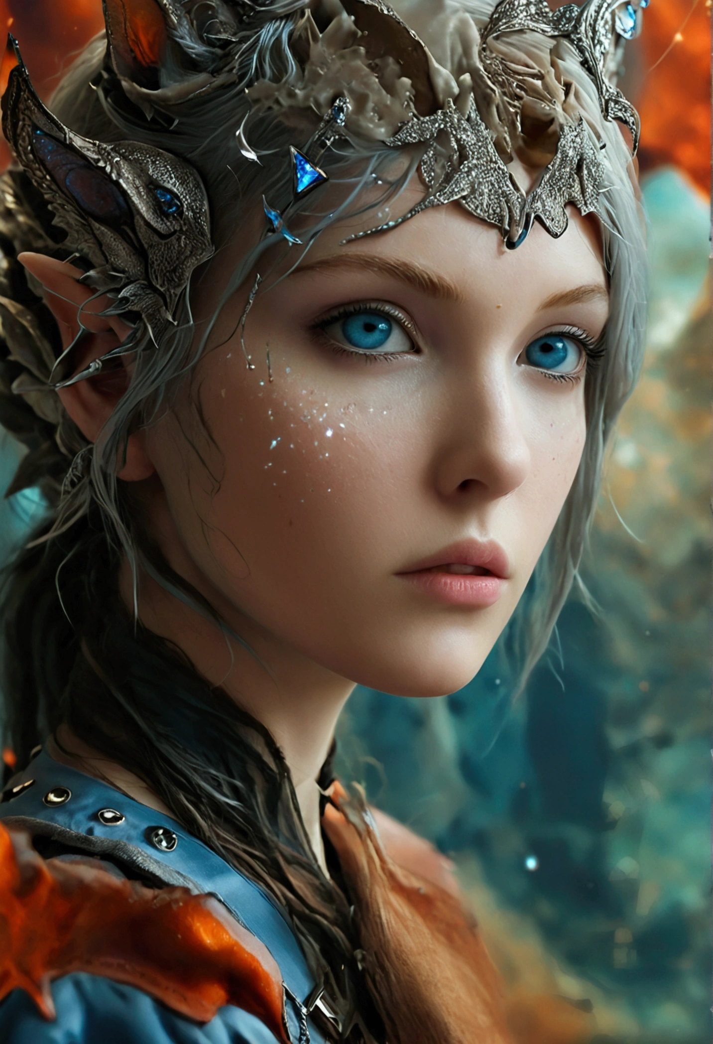 ---

A stunning 22-year-old woman with alien-like pointed ears, white butterfly cut hair, crystal blue eyes, and pale skin. She has a slender, well-defined body with a narrow waist and prominent, large breasts. Nyx is wearing a form-fitting gray and blue space uniform and has a piercing in the shape of a lance. She has a star-shaped birthmark below her left eye. Set on a realistic alien planet, she exudes confidence and curiosity, ready to explore the galaxy, starting with Earth.

---