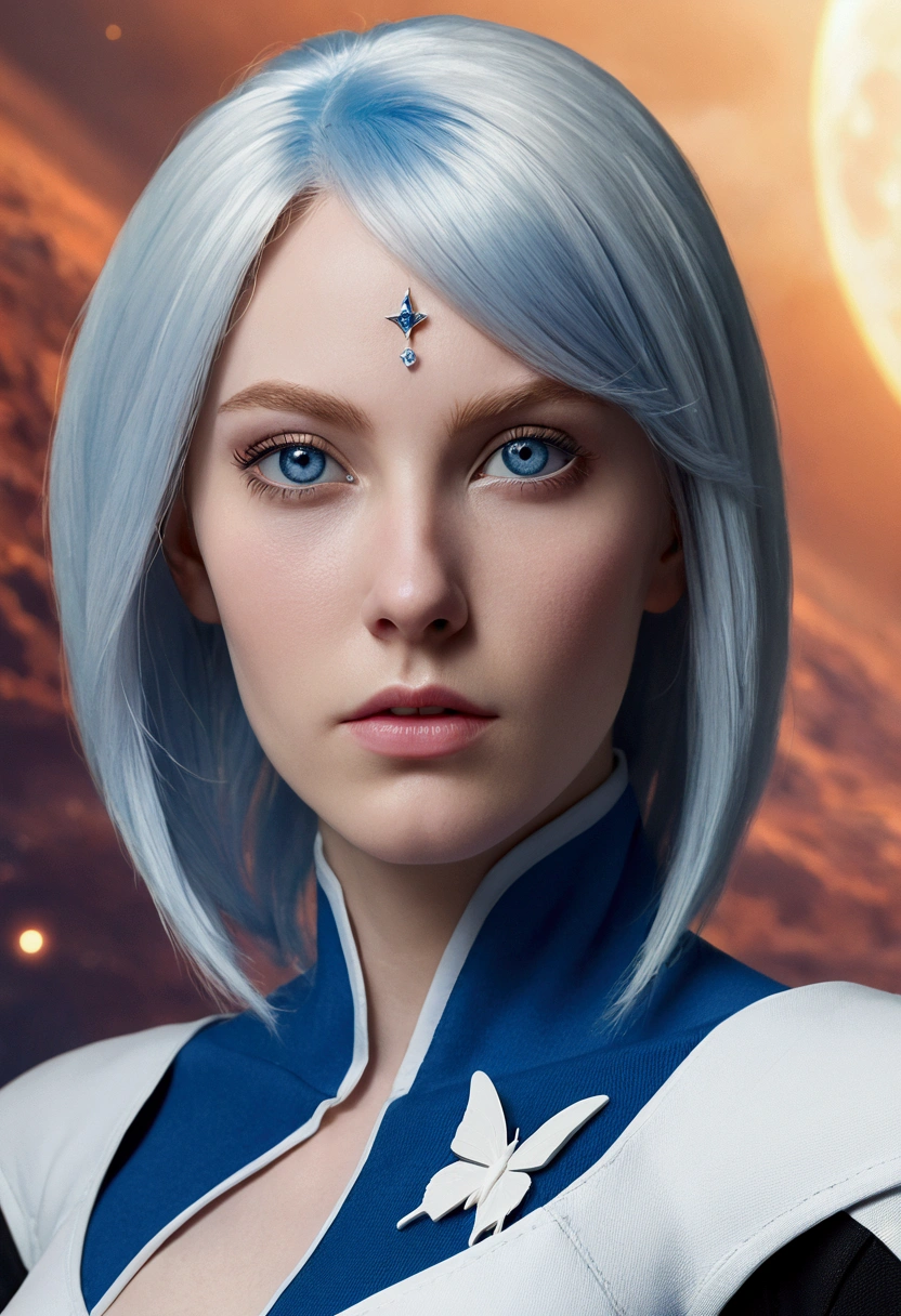 ---

A stunning 22-year-old woman with alien-like pointed ears, white butterfly cut hair, crystal blue eyes, and pale skin. She has a slender, well-defined body with a narrow waist and prominent, large breasts. Nyx is wearing a form-fitting gray and blue space uniform and has a piercing in the shape of a lance. She has a star-shaped birthmark below her left eye. Set on a realistic alien planet, she exudes confidence and curiosity, ready to explore the galaxy, starting with Earth.

---