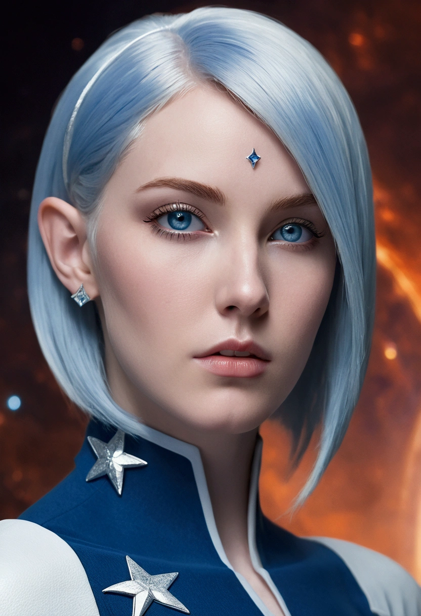 ---

A stunning 22-year-old woman with alien-like pointed ears, white butterfly cut hair, crystal blue eyes, and pale skin. She has a slender, well-defined body with a narrow waist and prominent, large breasts. Nyx is wearing a form-fitting gray and blue space uniform and has a piercing in the shape of a lance. She has a star-shaped birthmark below her left eye. Set on a realistic alien planet, she exudes confidence and curiosity, ready to explore the galaxy, starting with Earth.

---