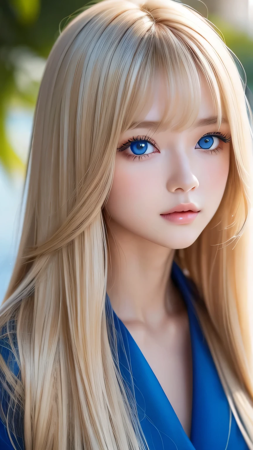 Very beautiful face、Super Long Hair、windy silky blonde super long hair、Swinging bangs、19 year old cute sexy blue eyed blonde girl、Hair above the eyes、片Hair above the eyes、Hair between the eyes、Big bright blue eyes that sparkle so beautifully、eyeliner、Bright expression、