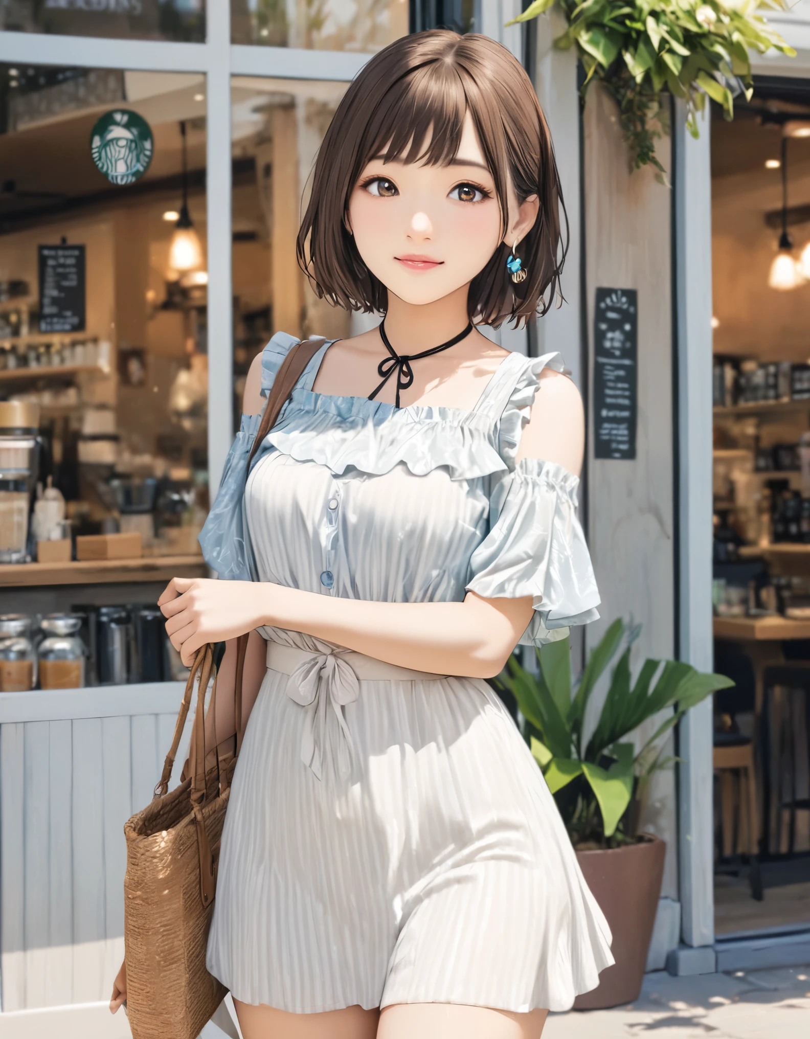 (best quality:1.2), 1girl, Coffee shop, summer, blouse, cowboy shot, shoot from front