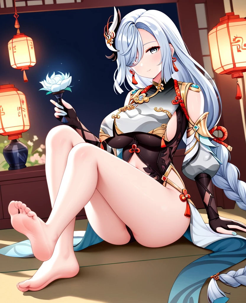 shenhe (genshin impact), 1girl, solo, long hair, breasts, looking at viewer, bangs, blue eyes, large breasts, hair ornament, gloves, dress, holding, bare shoulders, sitting, full body, braid, flower, thighs, barefoot, black gloves, elbow gloves, hair over one eye, feet, legs, clothing cutout, bare legs, toes, soles, tassel, reflection, braided ponytail, lantern, partially fingerless gloves, backless outfit, vase, breast curtain