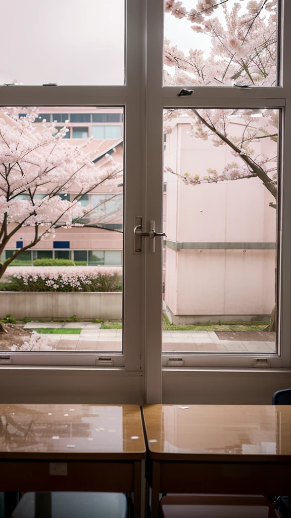 someone sees the cherry blossoms in bloom from inside the classroom through the school window, Soft and pink cherry blossom petals fall around you, creating a stunning view, but with a sad atmosphere, depicting an impending farewell, photorealistic