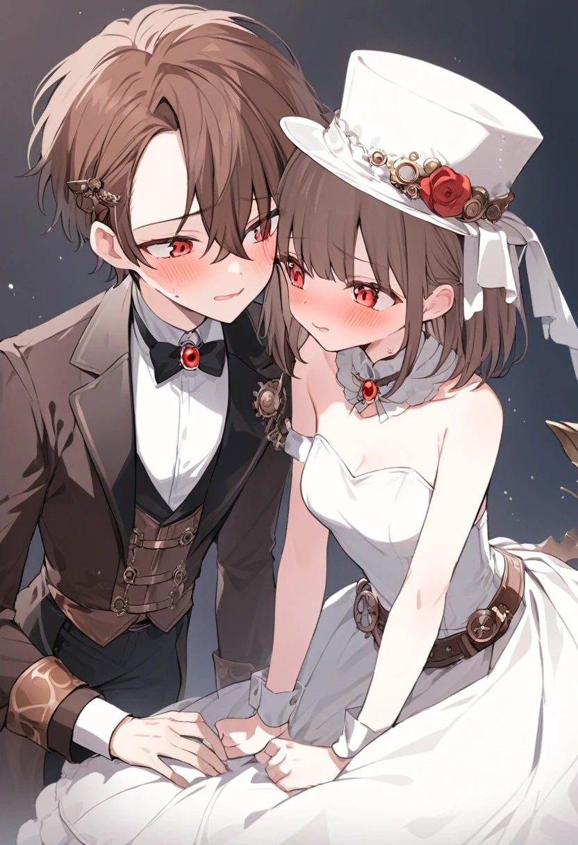 steampunk,1 male,silk hat,short hair,Red eyes,Brown Hair,tuxedo,Red brooch,Fell in love,Embarrassing