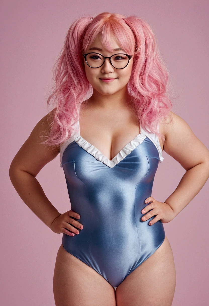 (masterpiece, best quality:1.2), cowboy shot, (solo), (1girl):1.5, glasses, long fluffy pink hair, litle chubby, slight smile, (sexy leotard), abs, navel exposed, mid breasts, breasts niples, cameltoe, mini skirt with pleats