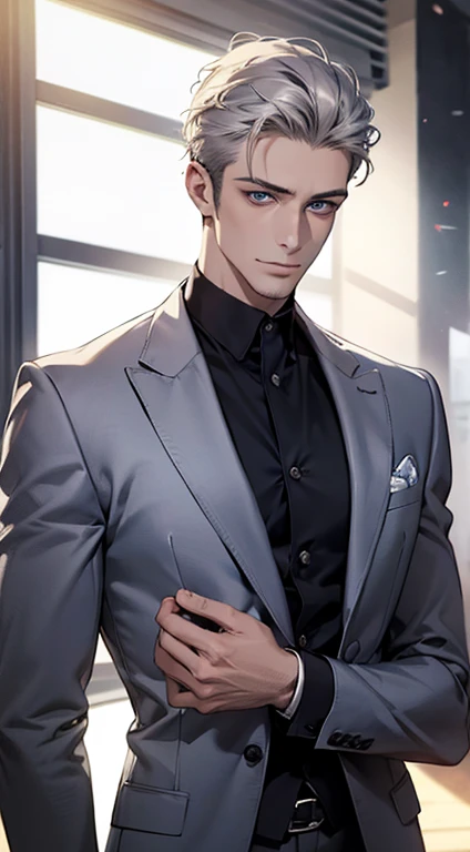 (best quality,4k,8k,highres,masterpiece:1.2),ultra-detailed,(realistic,photorealistic,photo-realistic:1.37),1 man,31 years old, man,very handsome,without expression,smile,short silver hair,blue eyes,penetrating gaze,perfect face without errors,imposing posture,businessman,office background,cinematic lighting,hdr image