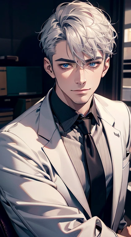 (best quality,4k,8k,highres,masterpiece:1.2),ultra-detailed,(realistic,photorealistic,photo-realistic:1.37),1 man,31 years old,mature man,very handsome,without expression,smile,short silver hair,blue eyes,penetrating gaze,perfect face without errors,imposing posture,businessman,office background,cinematic lighting,hdr image