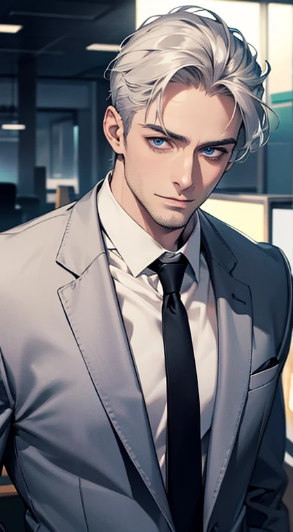 (best quality,4k,8k,highres,masterpiece:1.2),ultra-detailed,(realistic,photorealistic,photo-realistic:1.37),1 man,31 years old,mature man,very handsome,without expression,smile,short silver hair,blue eyes,penetrating gaze,perfect face without errors,imposing posture,businessman,office background,cinematic lighting,hdr image