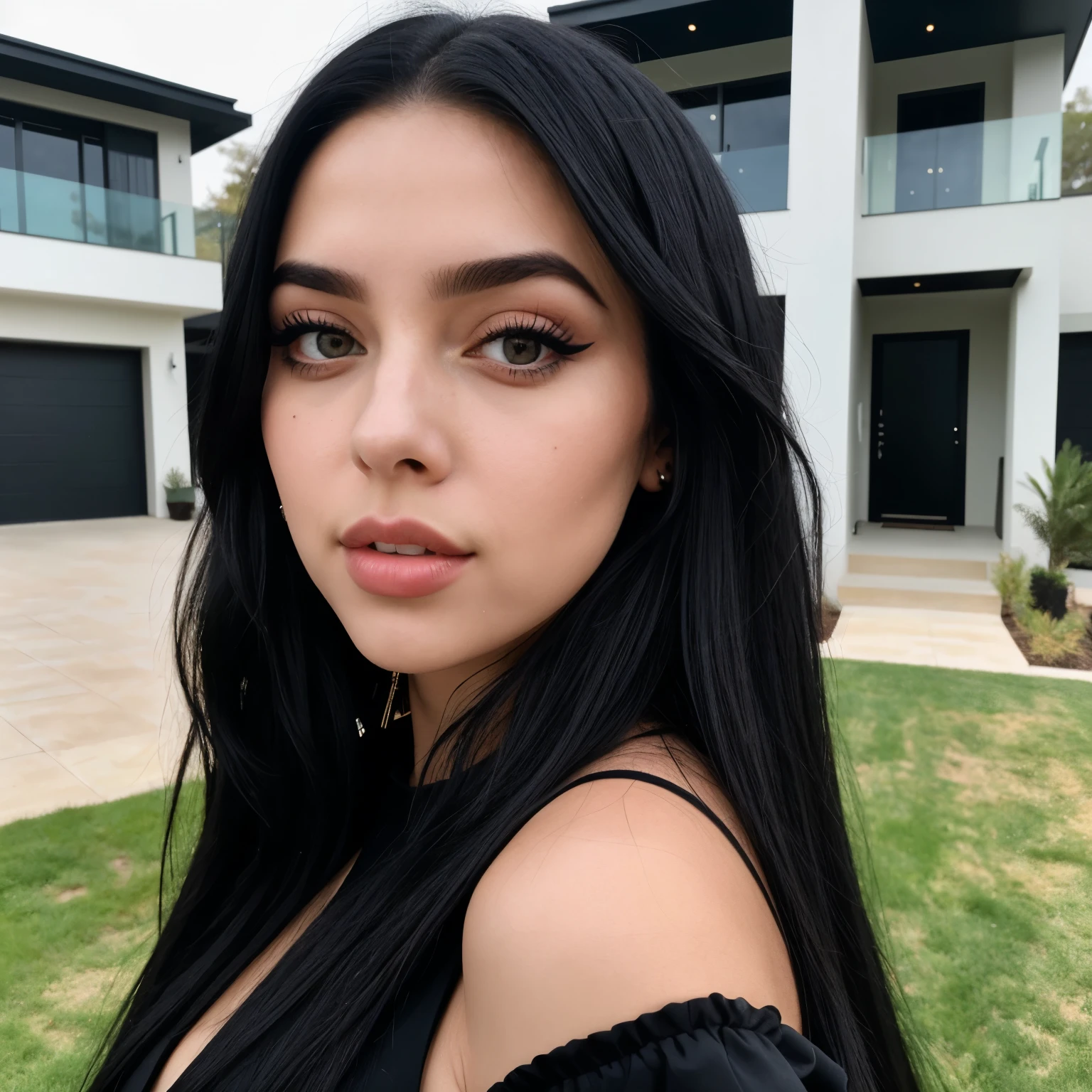 headshot of a 27 year old rich woman, in front of a house with modern architecture, with a face similar to Billie Eilish with black eyes, dark shaped eyes, makeup on black eyelids, and black eyeliner, with long black hair and striking look, in luxurious sexy black dress.