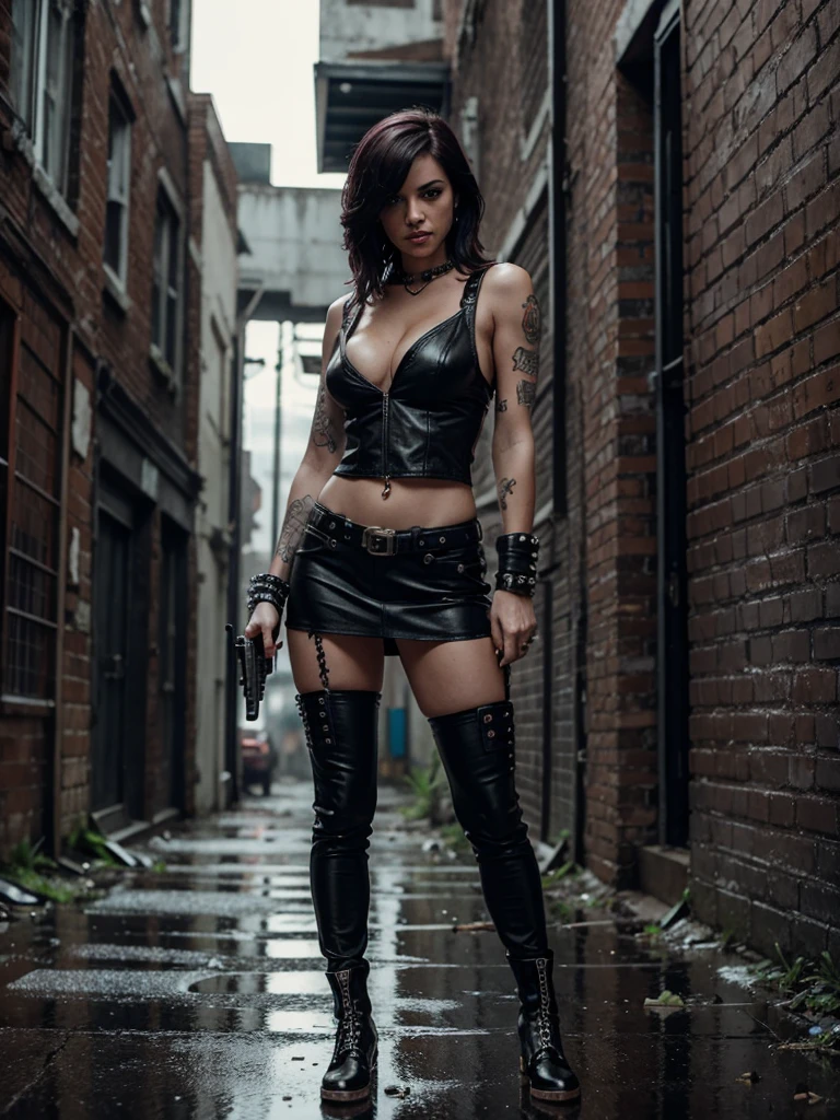 incredibly sexy leather clad punk rock revenge chick holding a pistol standing in a derelict alleyway in the rain at night