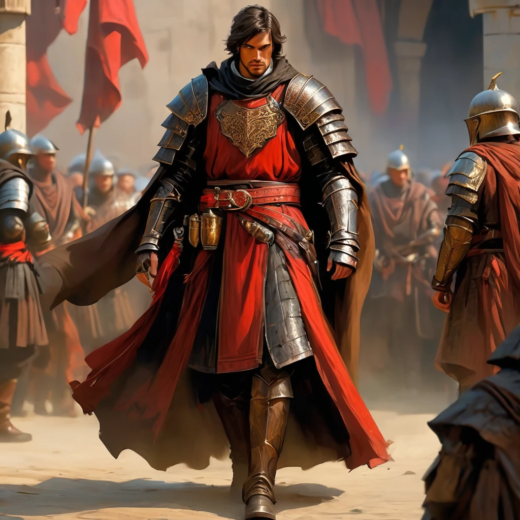 brown and black jacket with a red belt, cloth jerkin, stylised military clothes, very detailed and rich clothing, tied leather armor, flowing robes and leather armor, scaled robes, brown armor, highly detailed clothing, battle garments, tattered cloth robes, armor and robes, leather armored, monk's robe, fantasy robe