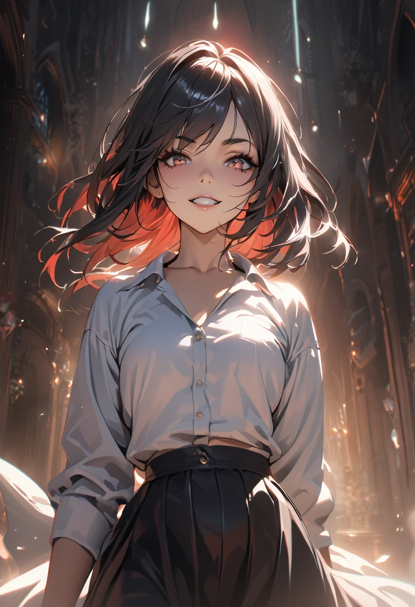 One girl, A shot of a Silvdark cowboy looking out at the viewer, Skin of color, Grin, teeth, Voice of the Heart, Fairy, Long eyebrows, (White shirt, Black Skirt), Athletic ability, Volumetric lighting, Highest quality, masterpiece, Complex, Volumetric lighting, Cinematic, 8K, Cinematic lighting, masterpiece, perfection, Complex details, Tone Mapping, Realistic