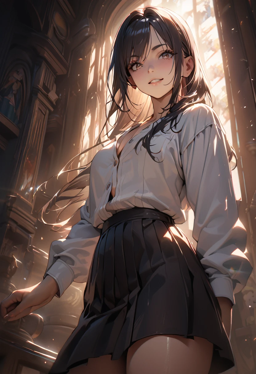 One girl, A shot of a Silvdark cowboy looking out at the viewer, Skin of color, Grin, teeth, Voice of the Heart, Fairy, Long eyebrows, (White shirt, Black Skirt), Athletic ability, Volumetric lighting, Highest quality, masterpiece, Complex, Volumetric lighting, Cinematic, 8K, Cinematic lighting, masterpiece, perfection, Complex details, Tone Mapping, Realistic