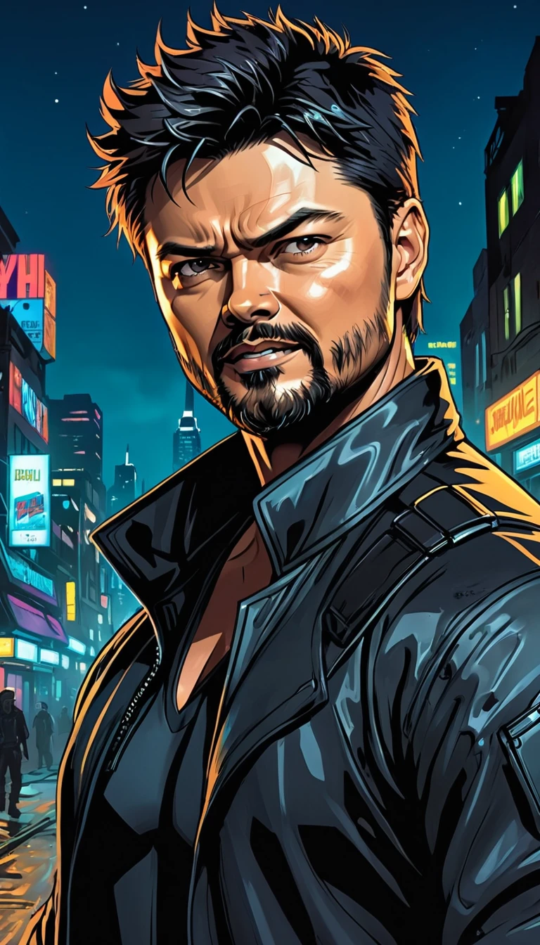 (Karl Urban:1.5), Based on William "Billy" Butcher, from the series The Boys, medium black hair, thick goatee, Muscle, Cyberpunk Style, night background, naughty smile, large beard, messy hair, black clothes, portrait, Comic Art Style