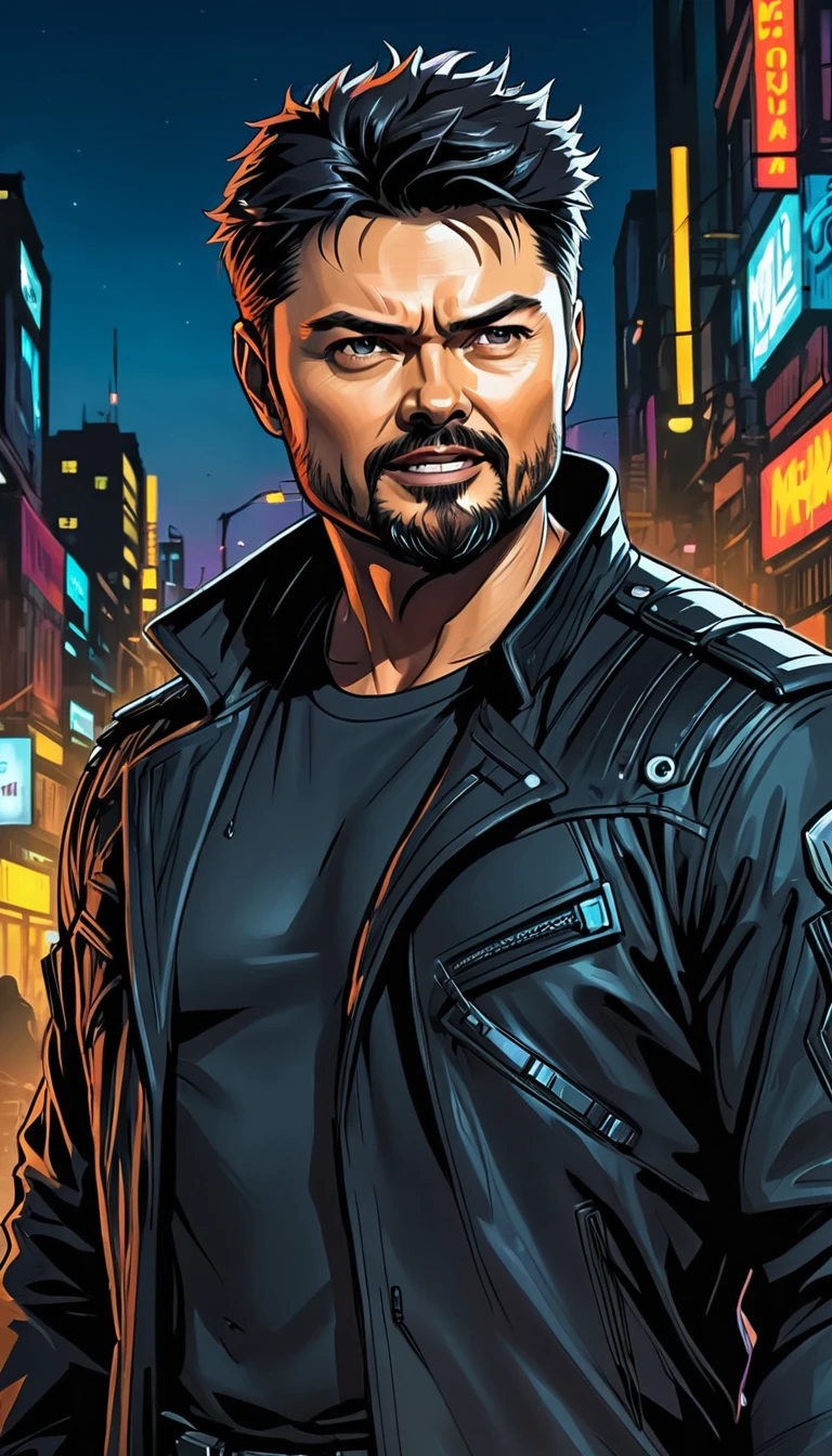 (Karl Urban:1.5), Based on William "Billy" Butcher, from the series The Boys, medium black hair, thick goatee, Muscle, Cyberpunk Style, night background, naughty smile, large beard, messy hair, black clothes, portrait, Comic Art Style

