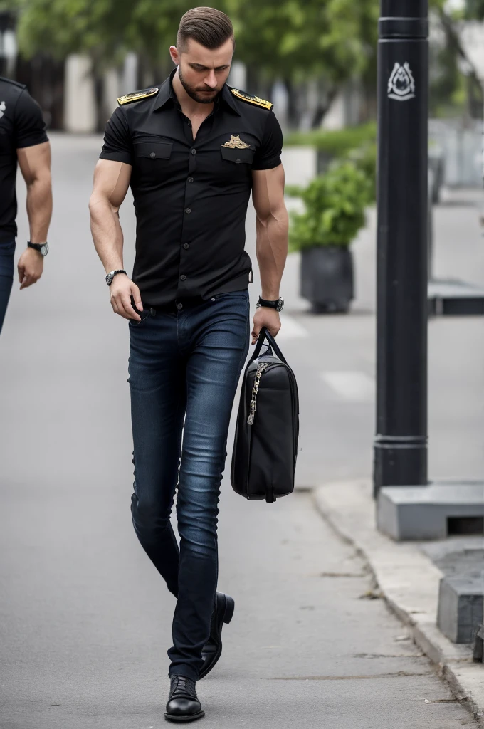 A Russian guy walking authoritatively with a black bottle of water in his hand carelessly~ with a serious countenance~ A black shirt, softly marking his muscles and broad shoulders; a black jeans, and a black military boots