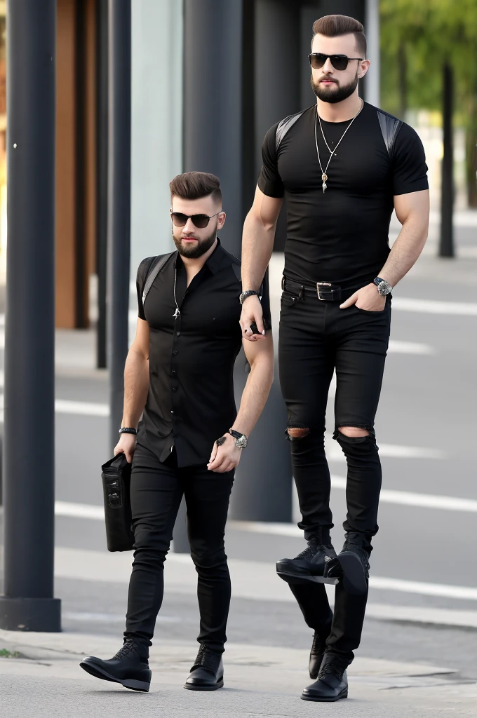 A Russian guy walking authoritatively with a black bottle of water in his hand carelessly~ with a serious countenance~ A black shirt, softly marking his muscles and broad shoulders; a black jeans, and a black military boots